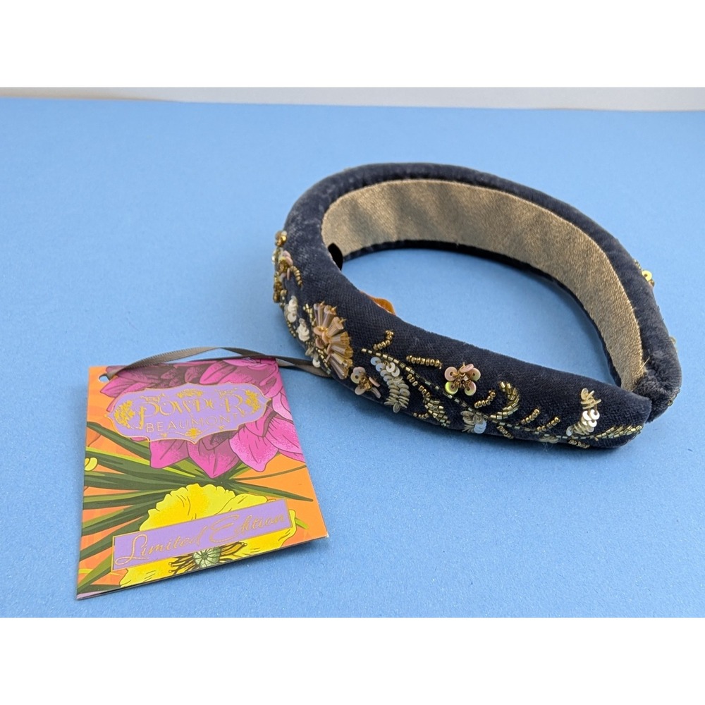 Powder UK Headband Hand Embroidered Floral Sequin Velvet Charcoal PHB8 NEW
